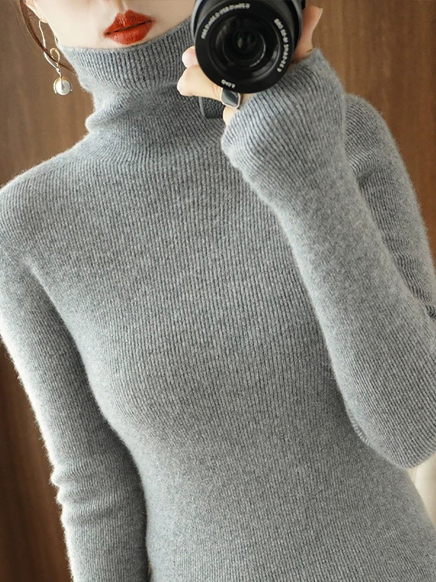 Women Autumn Casual Pure Color Knitted Turtleneck Sweater