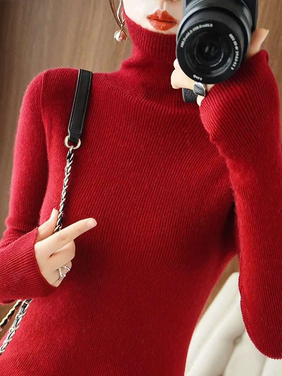 Women Autumn Casual Pure Color Knitted Turtleneck Sweater