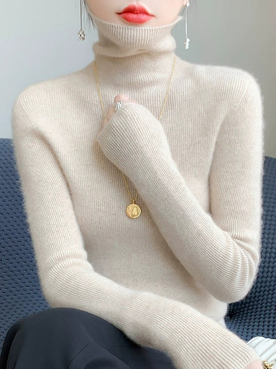 Women Autumn Casual Pure Color Knitted Turtleneck Sweater