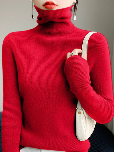 Women Autumn Casual Pure Color Knitted Turtleneck Sweater