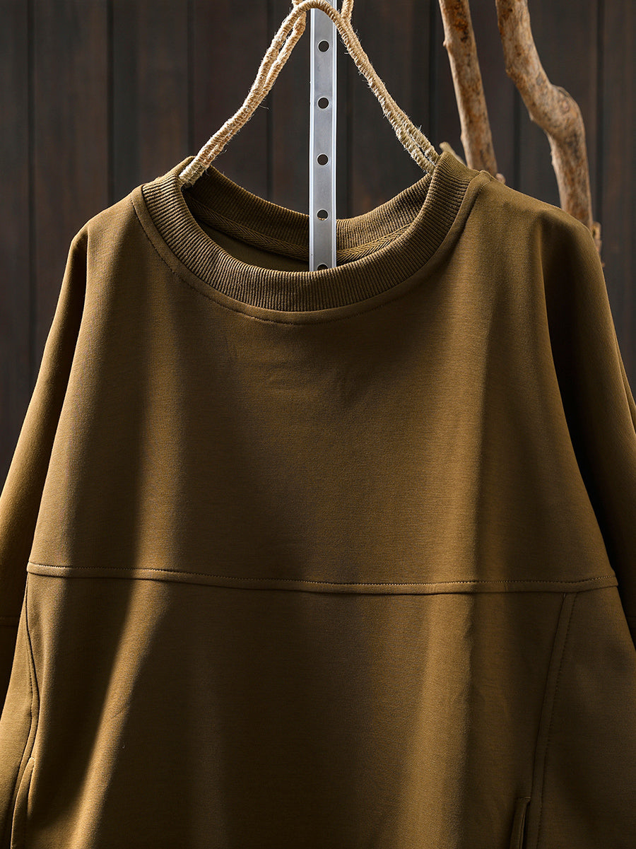 Women Autumn Retro Pure Color O-Neck Cotton Blouse