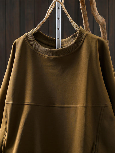 Women Autumn Retro Pure Color O-Neck Cotton Blouse