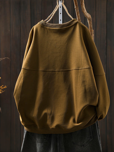 Women Autumn Retro Pure Color O-Neck Cotton Blouse