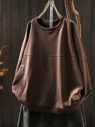 Women Autumn Retro Pure Color O-Neck Cotton Blouse