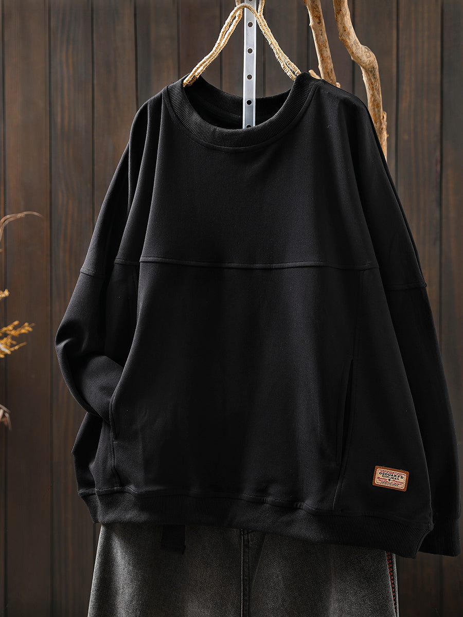 Women Autumn Retro Pure Color O-Neck Cotton Blouse