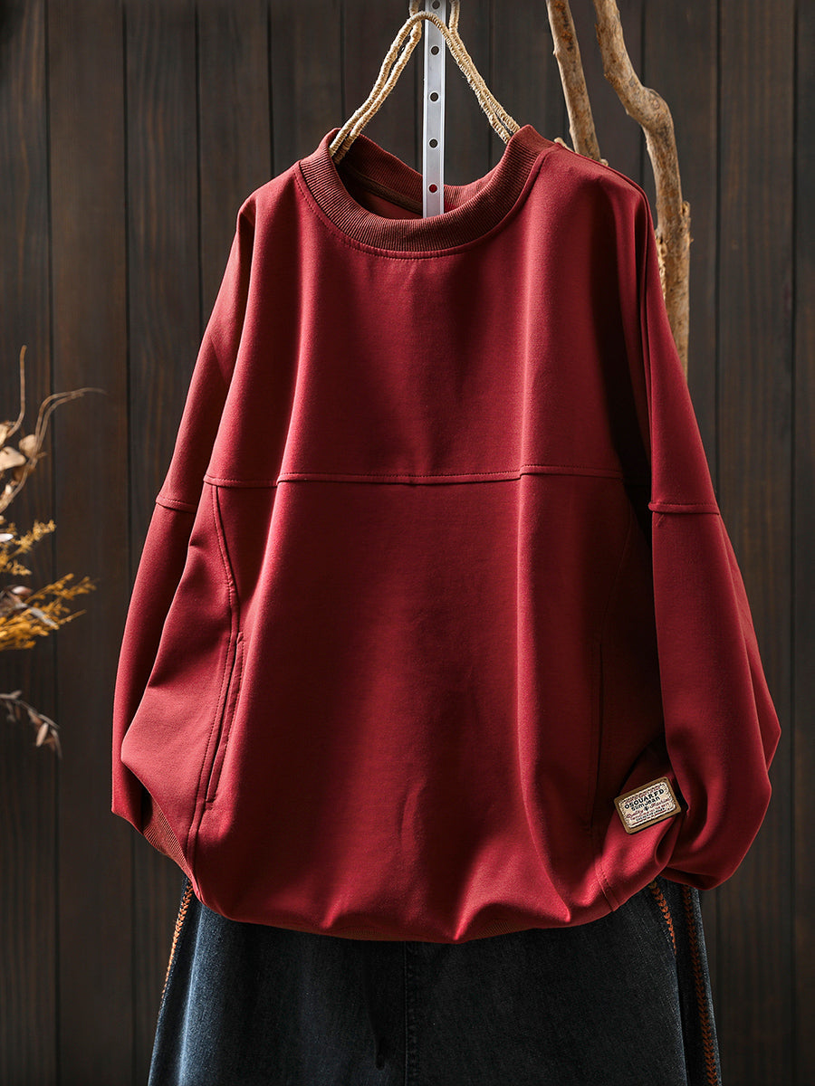 Women Autumn Retro Pure Color O-Neck Cotton Blouse