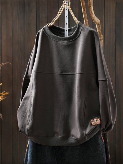 Women Autumn Retro Pure Color O-Neck Cotton Blouse