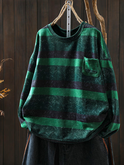 Women Autumn Retro Stripe O-Neck 100%Cotton Blouse