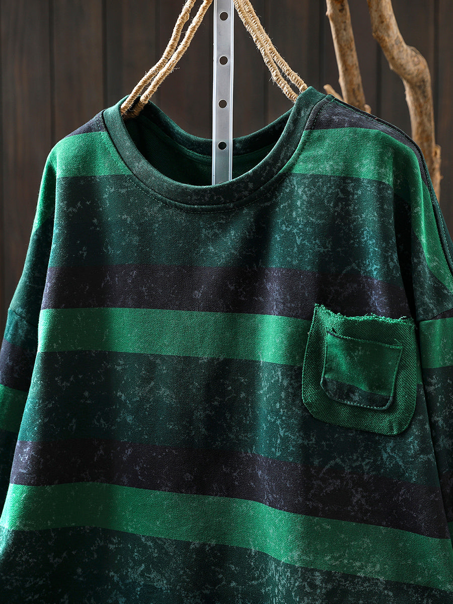 Women Autumn Retro Stripe O-Neck 100%Cotton Blouse