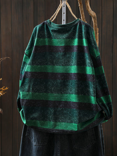 Women Autumn Retro Stripe O-Neck 100%Cotton Blouse