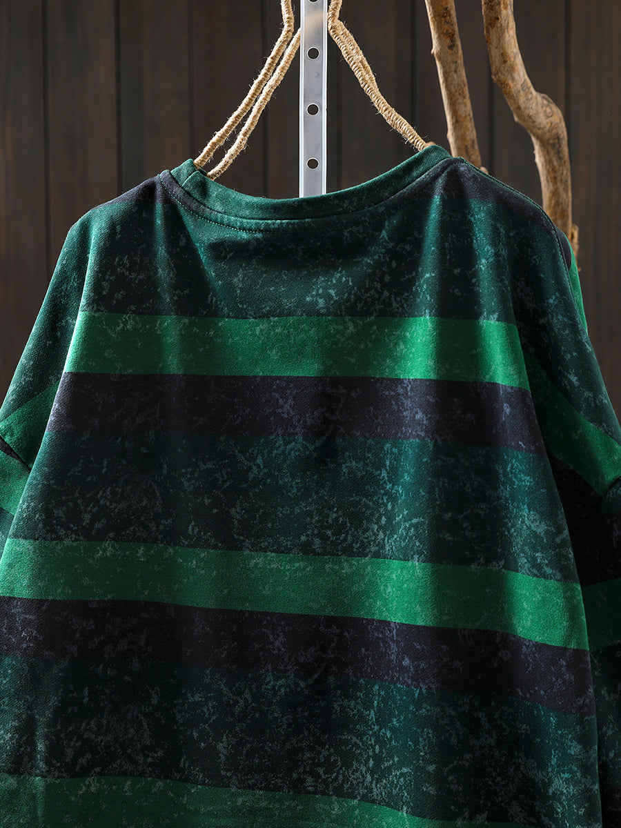 Women Autumn Retro Stripe O-Neck 100%Cotton Blouse