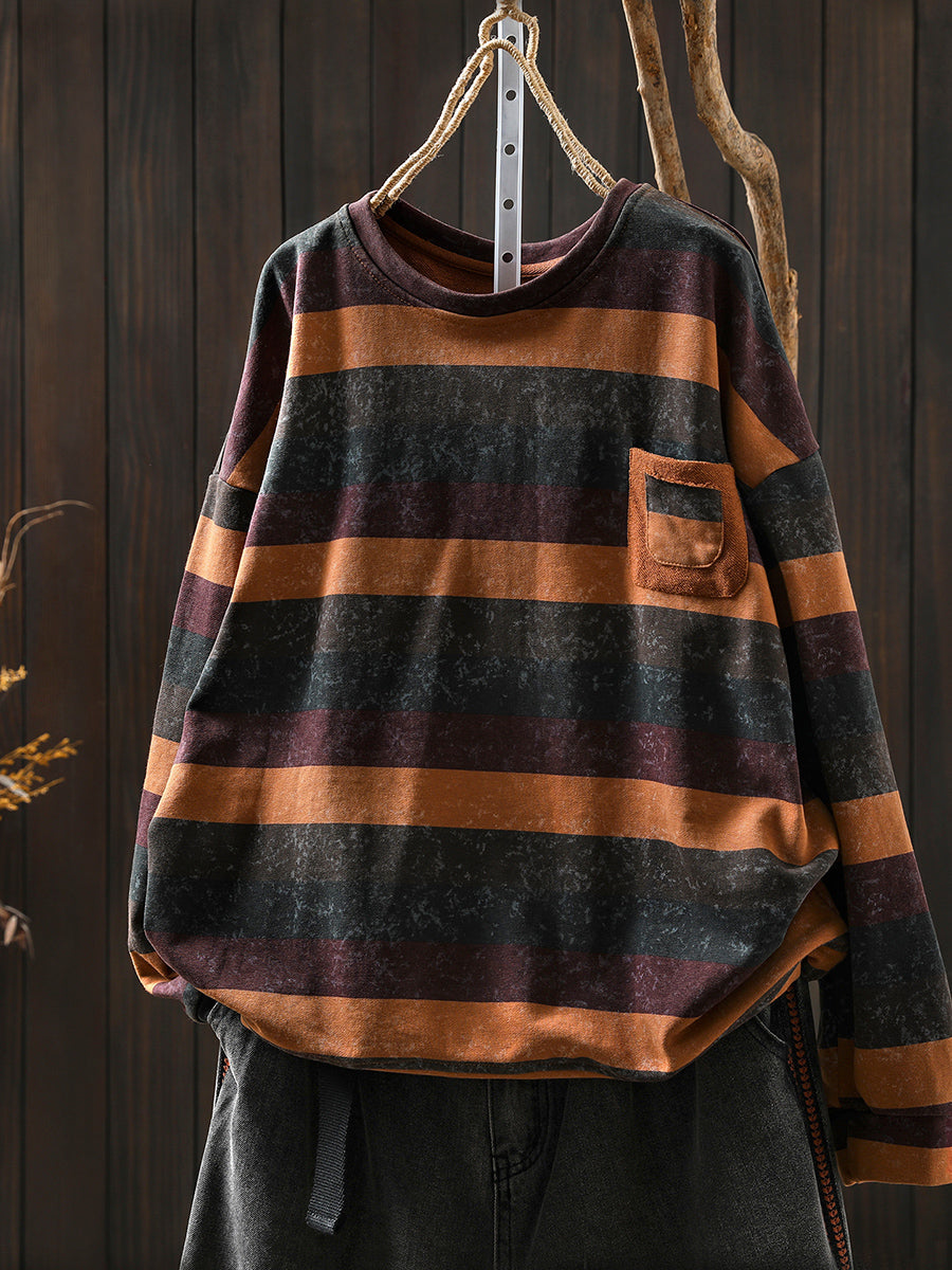 Women Autumn Retro Stripe O-Neck 100%Cotton Blouse