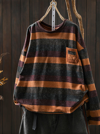 Women Autumn Retro Stripe O-Neck 100%Cotton Blouse