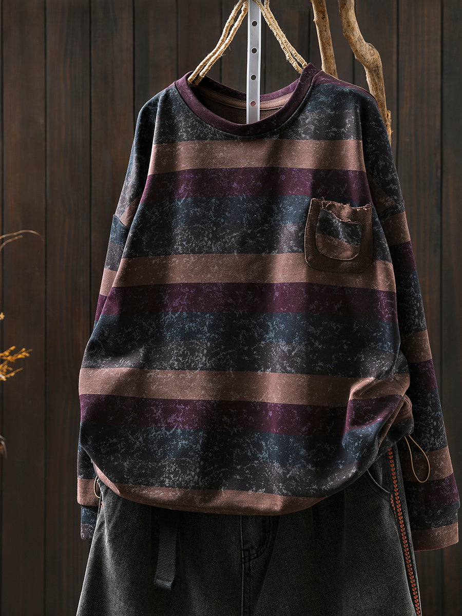 Women Autumn Retro Stripe O-Neck 100%Cotton Blouse