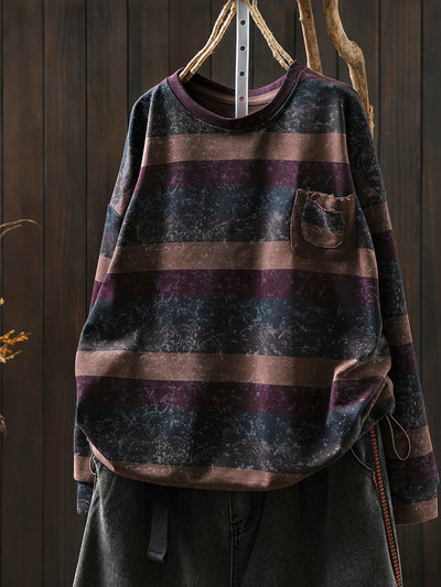 Women Autumn Retro Stripe O-Neck 100%Cotton Blouse