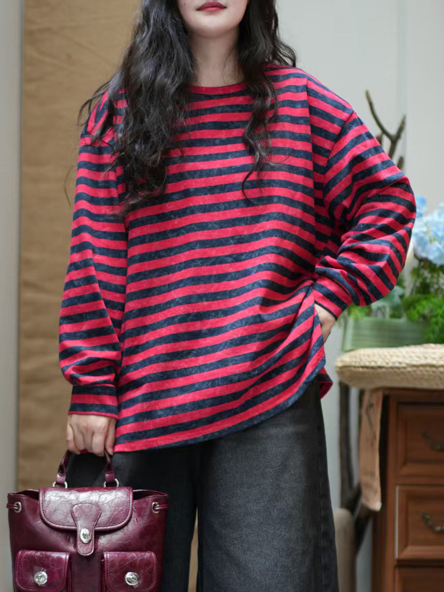 Women Autumn Casual Stripe O-Neck 100%Cotton Blouse