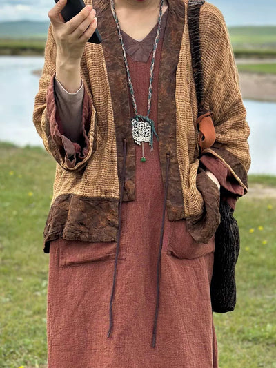Women Autumn Retro Spliced Linen Cardigan Jacket