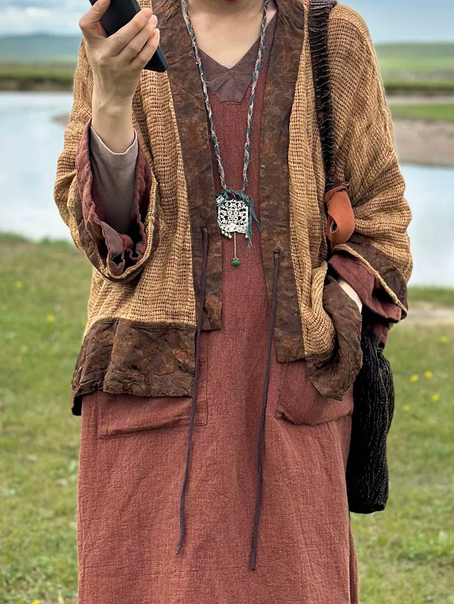 Women Autumn Retro Spliced Linen Cardigan Jacket