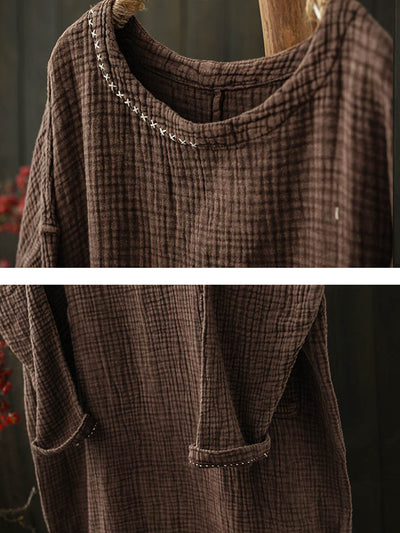 Women Autumn Retro Pure Color Folds O-Neck Cotton Dress