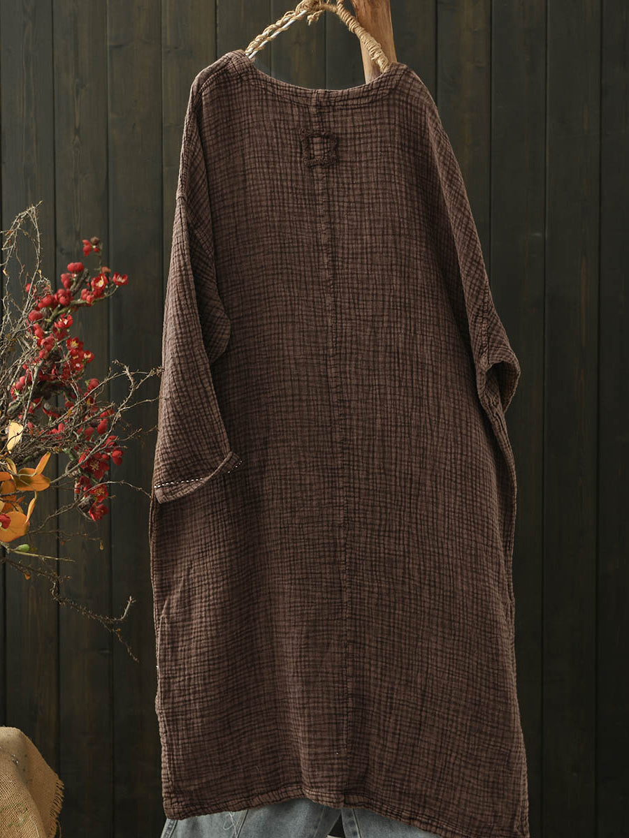 Women Autumn Retro Pure Color Folds O-Neck Cotton Dress