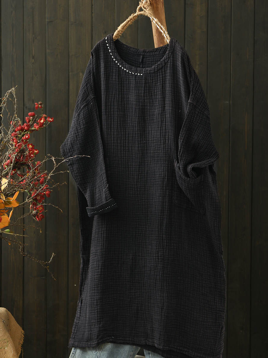 Women Autumn Retro Pure Color Folds O-Neck Cotton Dress