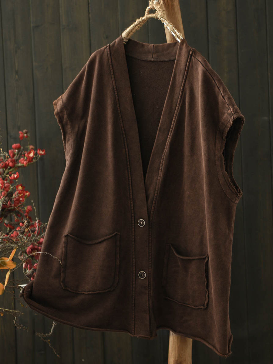 Women Autumn Worn Pure Color V-Neck Cotton Vest