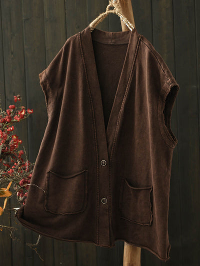 Women Autumn Worn Pure Color V-Neck Cotton Vest