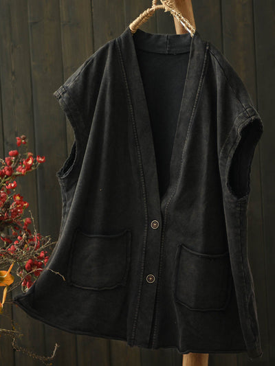 Women Autumn Worn Pure Color V-Neck Cotton Vest