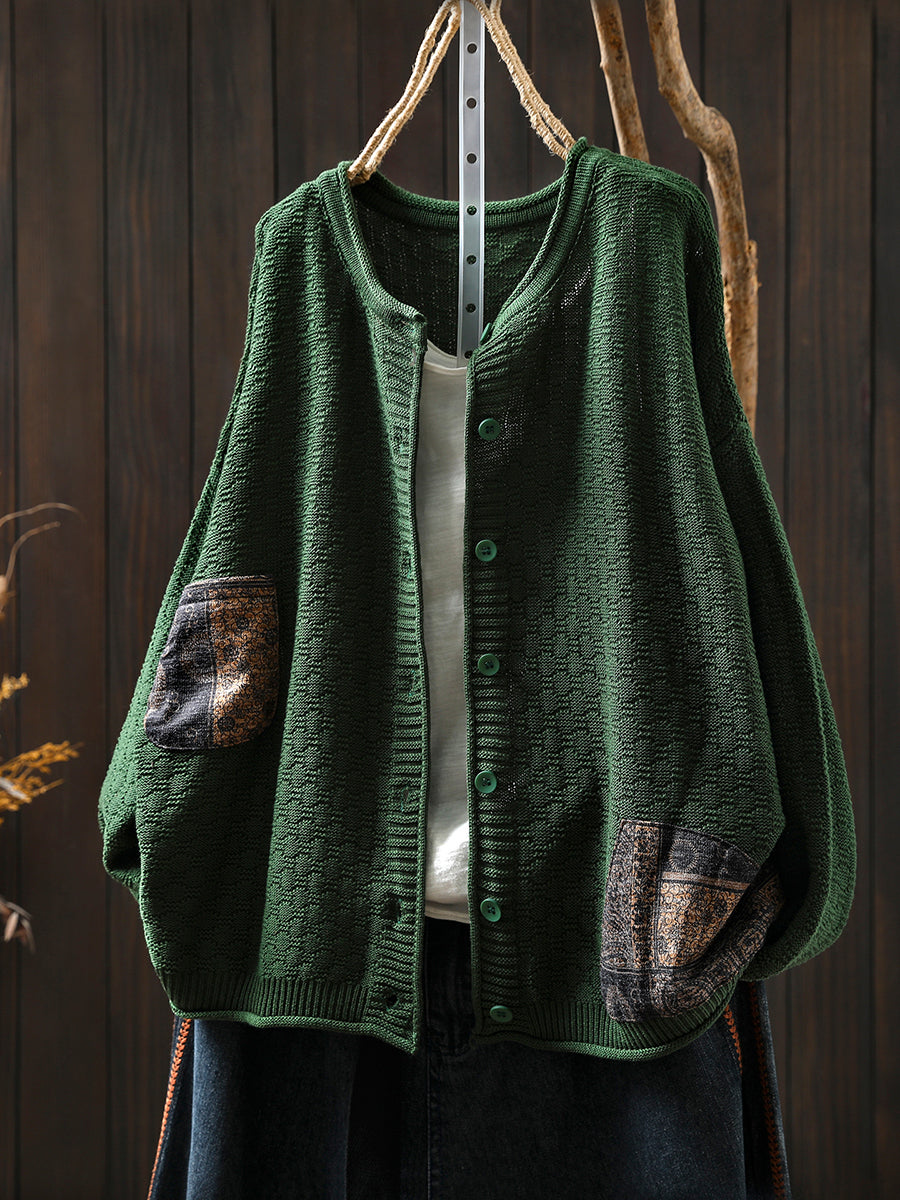 Women Autumn Retro Patch O-Neck Knitted Sweater