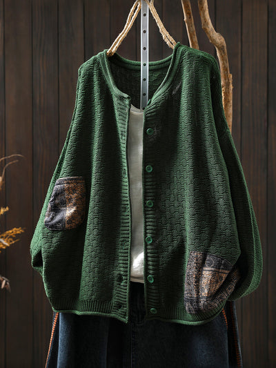 Women Autumn Retro Patch O-Neck Knitted Sweater