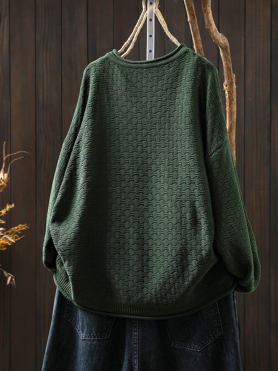 Women Autumn Retro Patch O-Neck Knitted Sweater