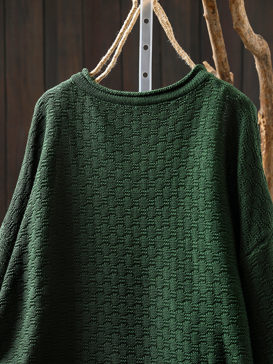 Women Autumn Retro Patch O-Neck Knitted Sweater