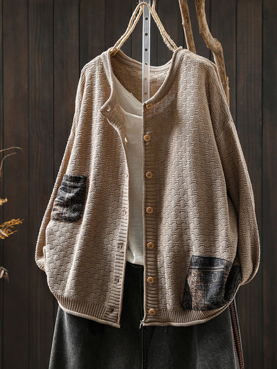 Women Autumn Retro Patch O-Neck Knitted Sweater