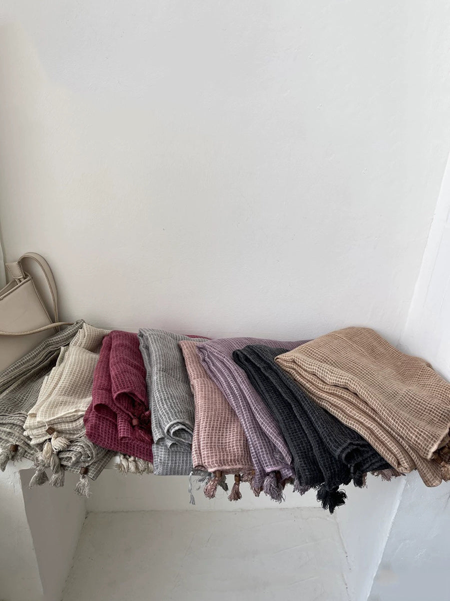 Artsy Plaid Cotton Tassel Shawl Scarf