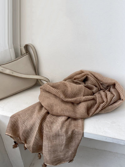 Artsy Plaid Cotton Tassel Shawl Scarf