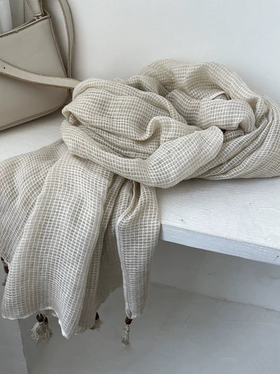 Artsy Plaid Cotton Tassel Shawl Scarf