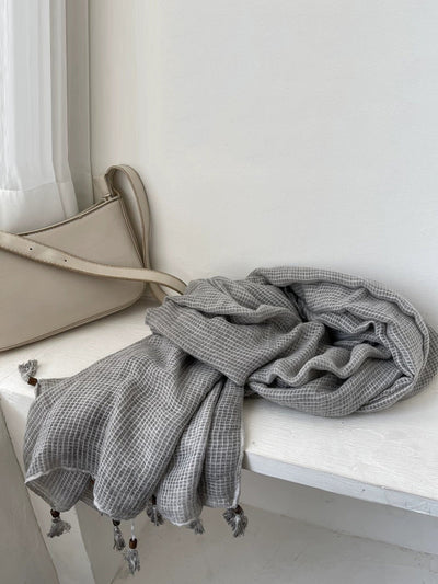 Artsy Plaid Cotton Tassel Shawl Scarf