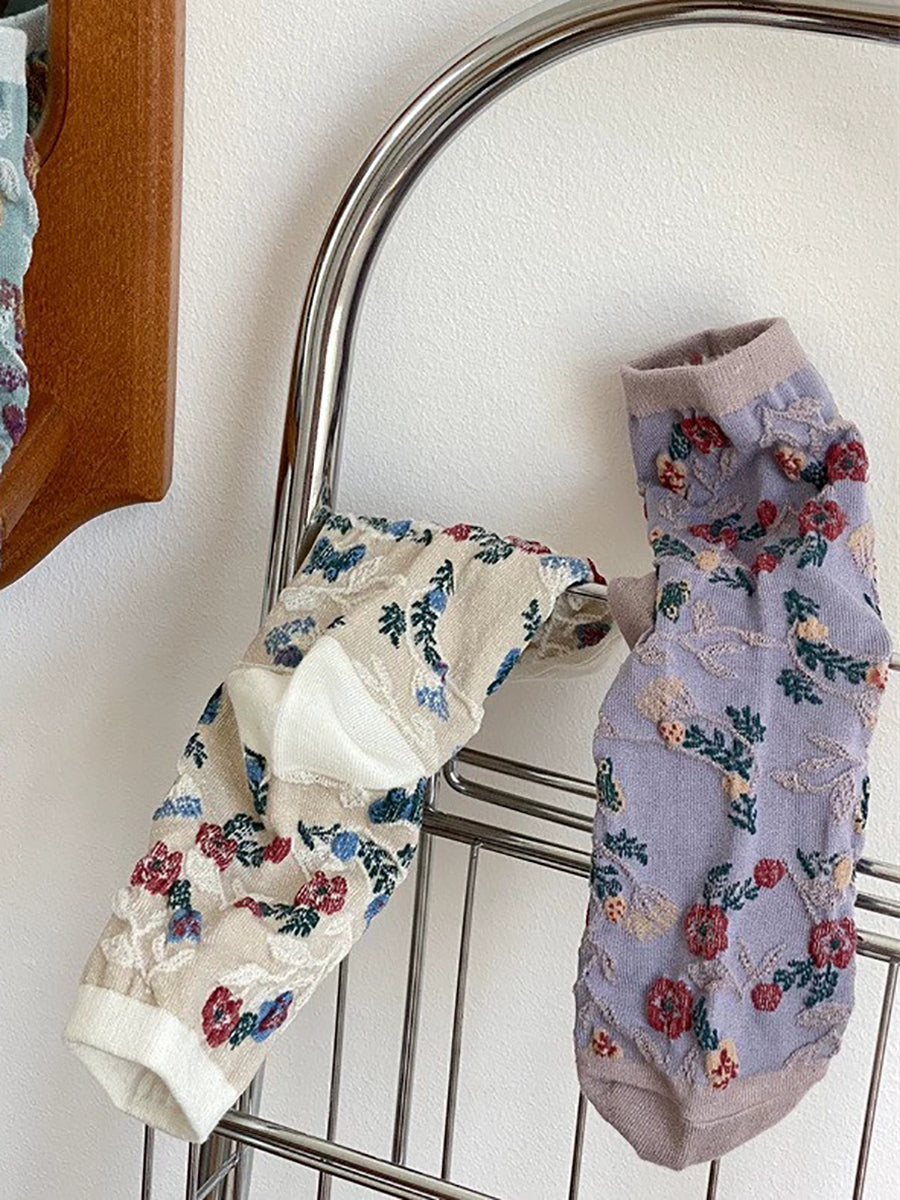 5 Pairs Women Artsy Flower Jacquard Cotton Socks