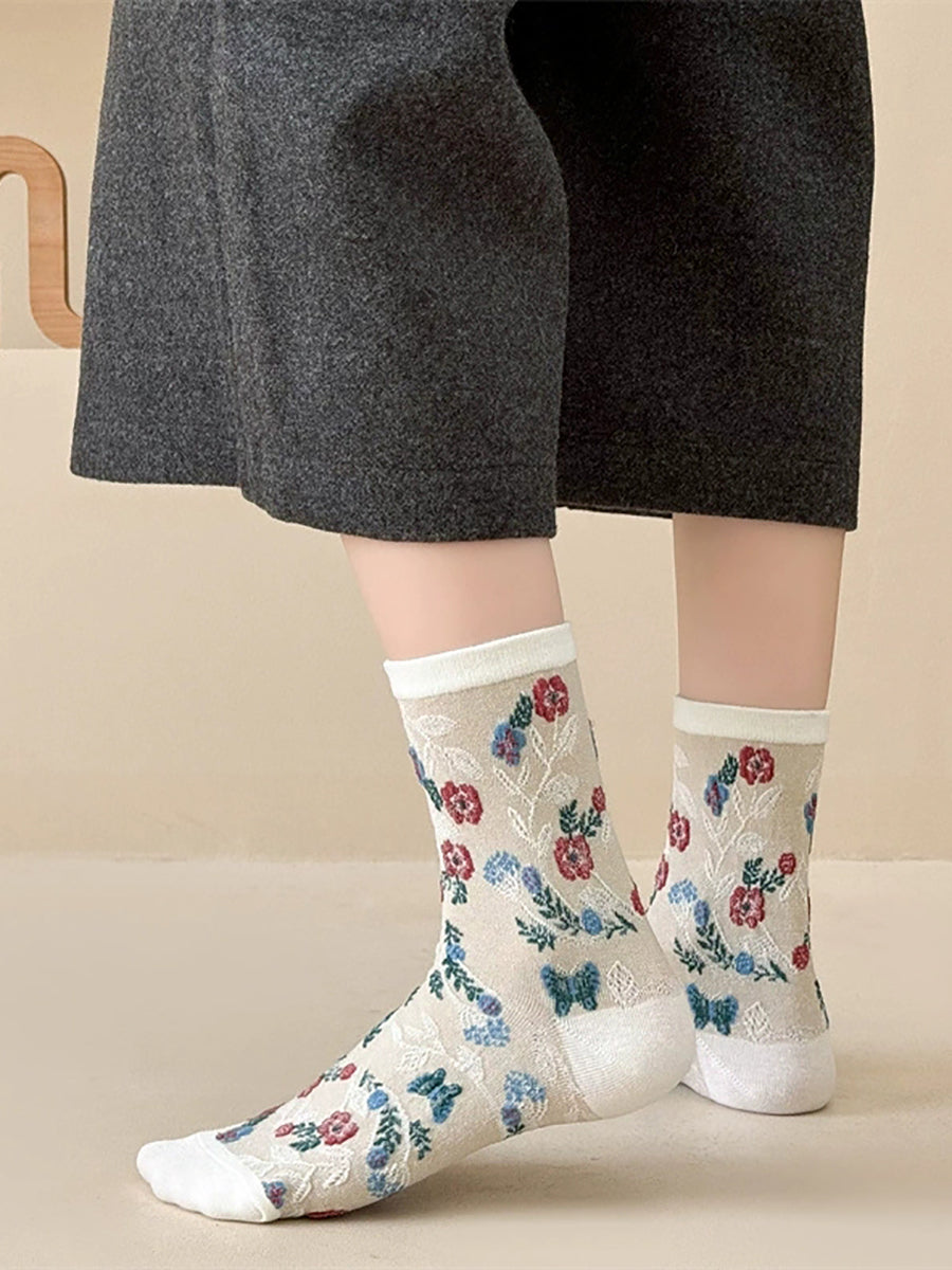 5 Pairs Women Artsy Flower Jacquard Cotton Socks