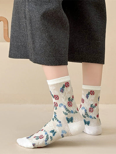5 Pairs Women Artsy Flower Jacquard Cotton Socks
