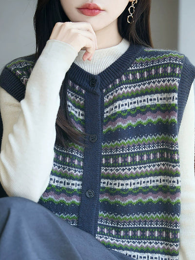 Women Autumn Vintage Stripe O-Neck Knitted Vest