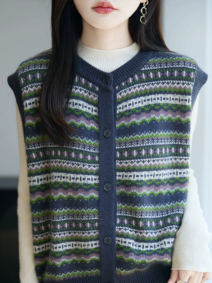 Women Autumn Vintage Stripe O-Neck Knitted Vest