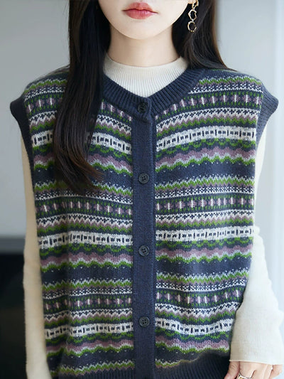 Women Autumn Vintage Stripe O-Neck Knitted Vest