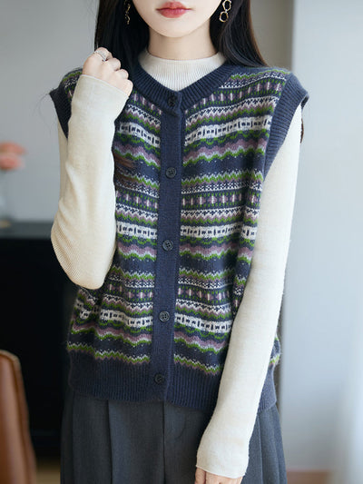 Women Autumn Vintage Stripe O-Neck Knitted Vest