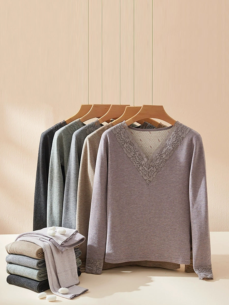 Women Autumn Casual Pure Color V-Neck Base Suits