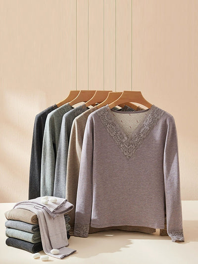 Women Autumn Casual Pure Color V-Neck Base Suits