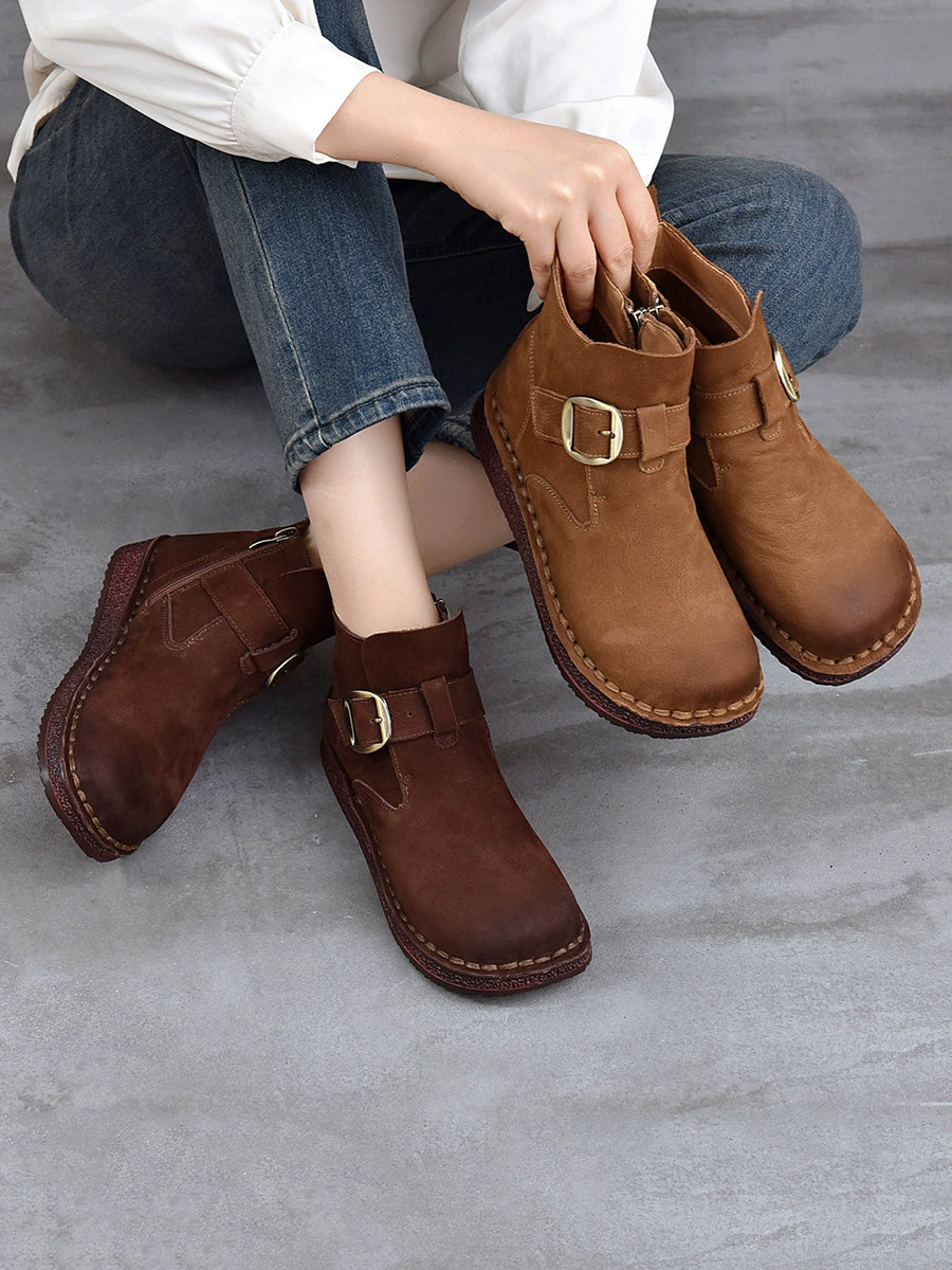 Women Vintage Winter Leather Zipper Low Heel Boots