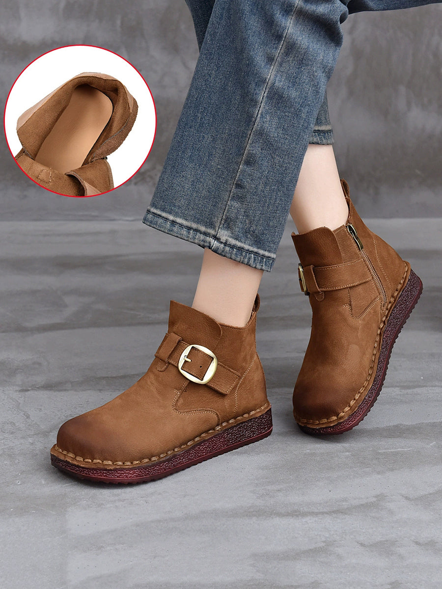 Women Vintage Winter Leather Zipper Low Heel Boots