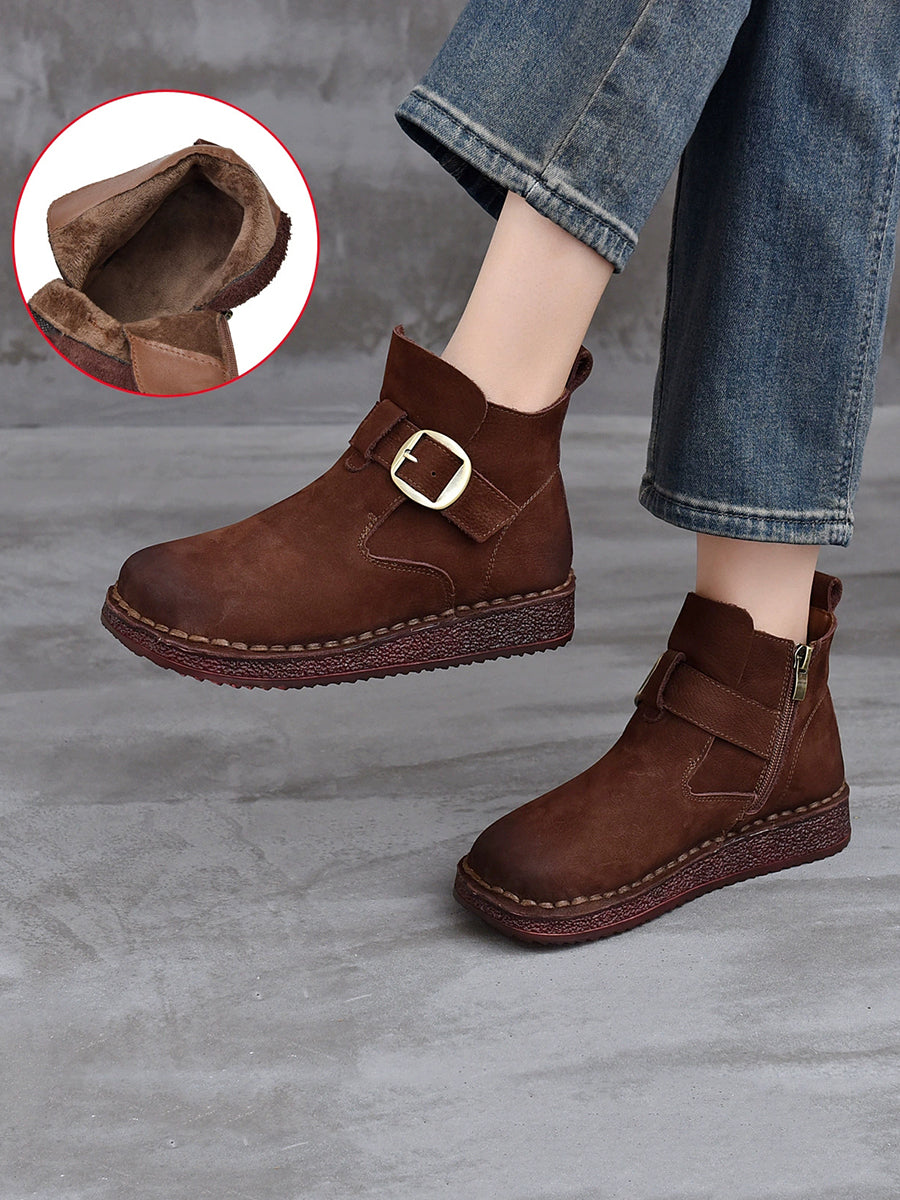 Women Vintage Winter Leather Zipper Low Heel Boots