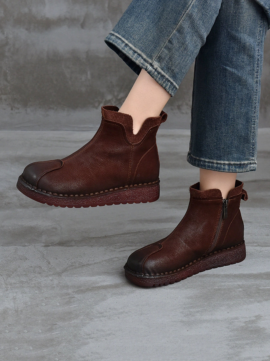 Women Vintage Leather Spliced Flat Ankle Boots